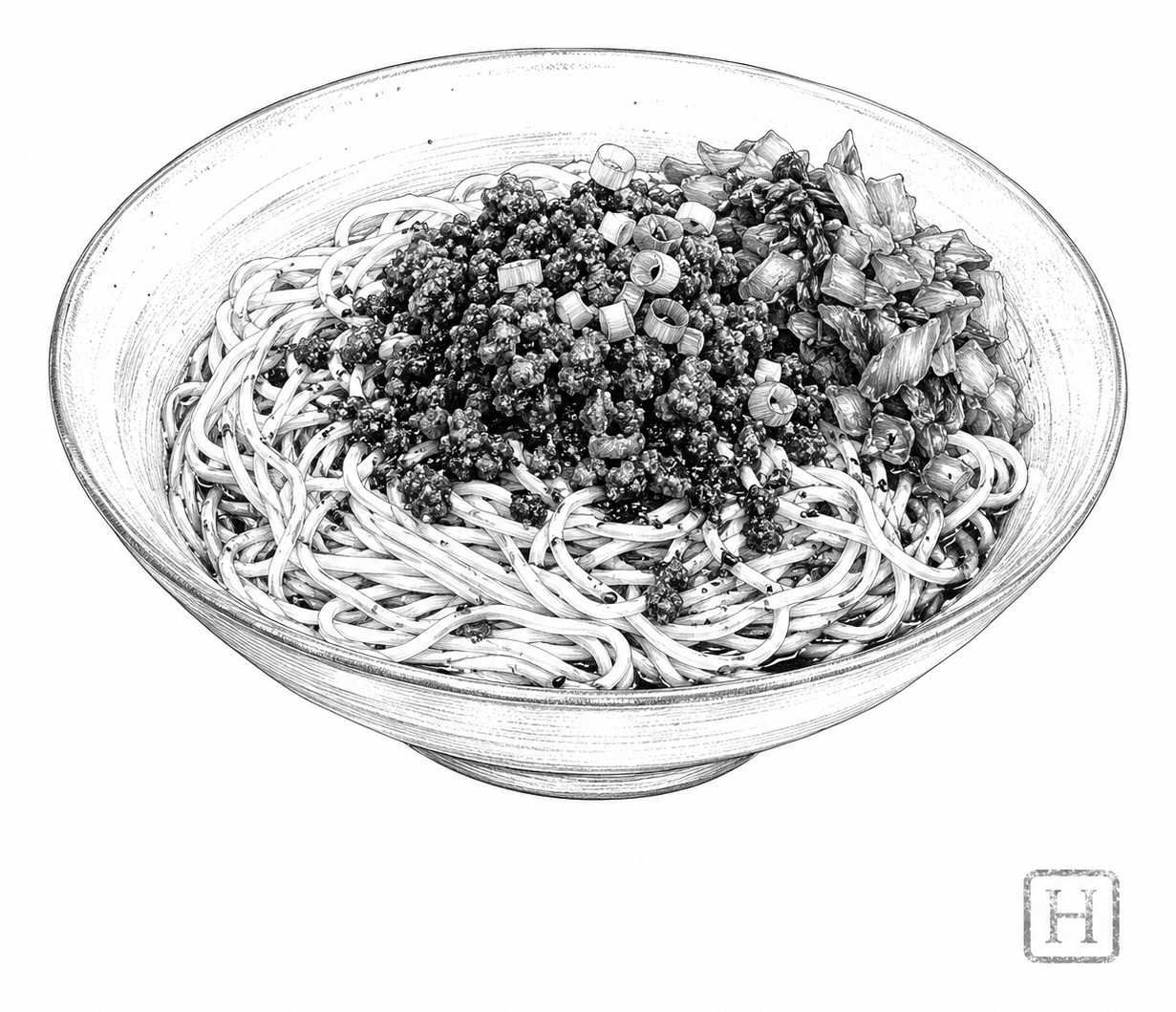 Illustration à l’encre d’un bol de nouilles dan dan de Chengdu