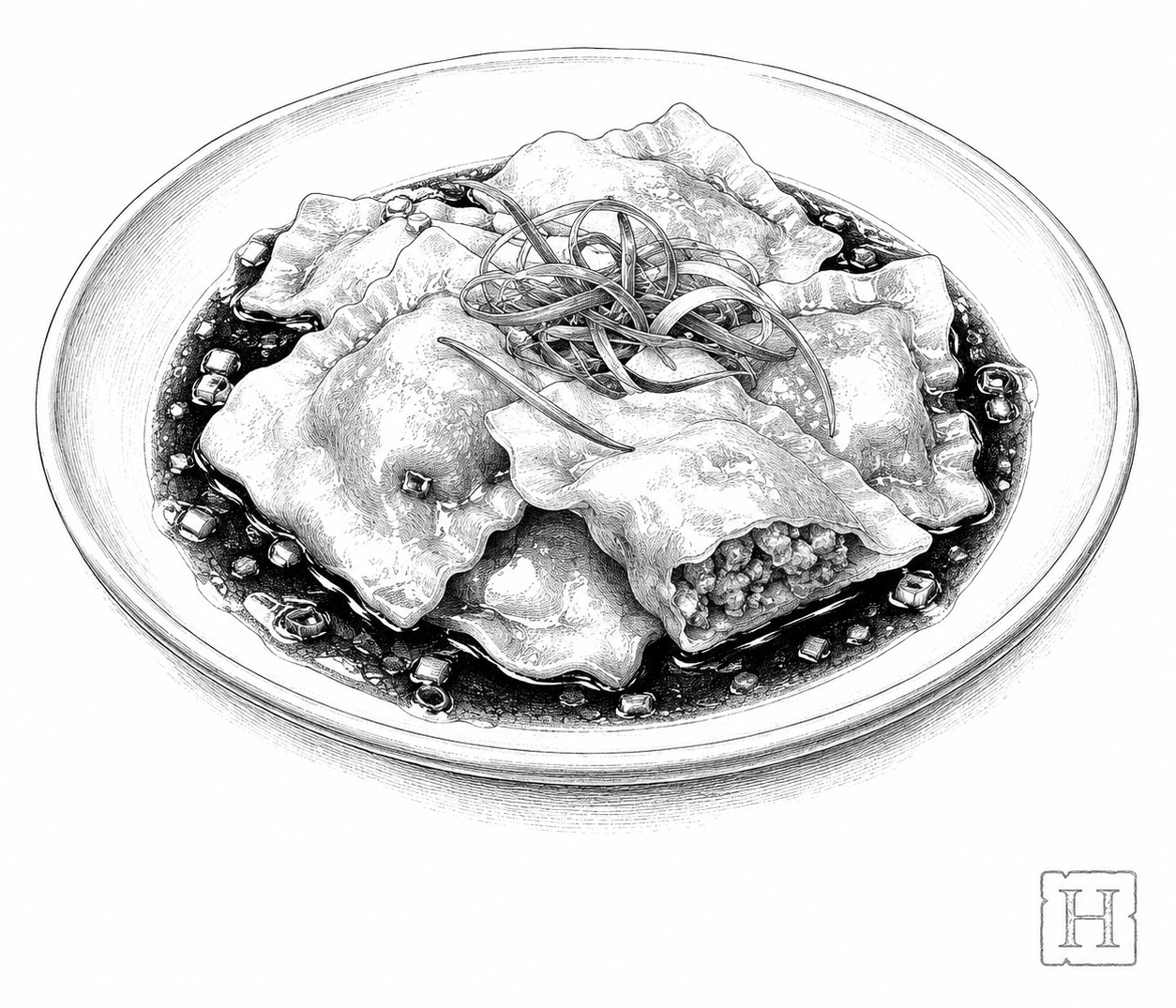 Raviolis Zhong servis dans une sauce sombre et parfumée